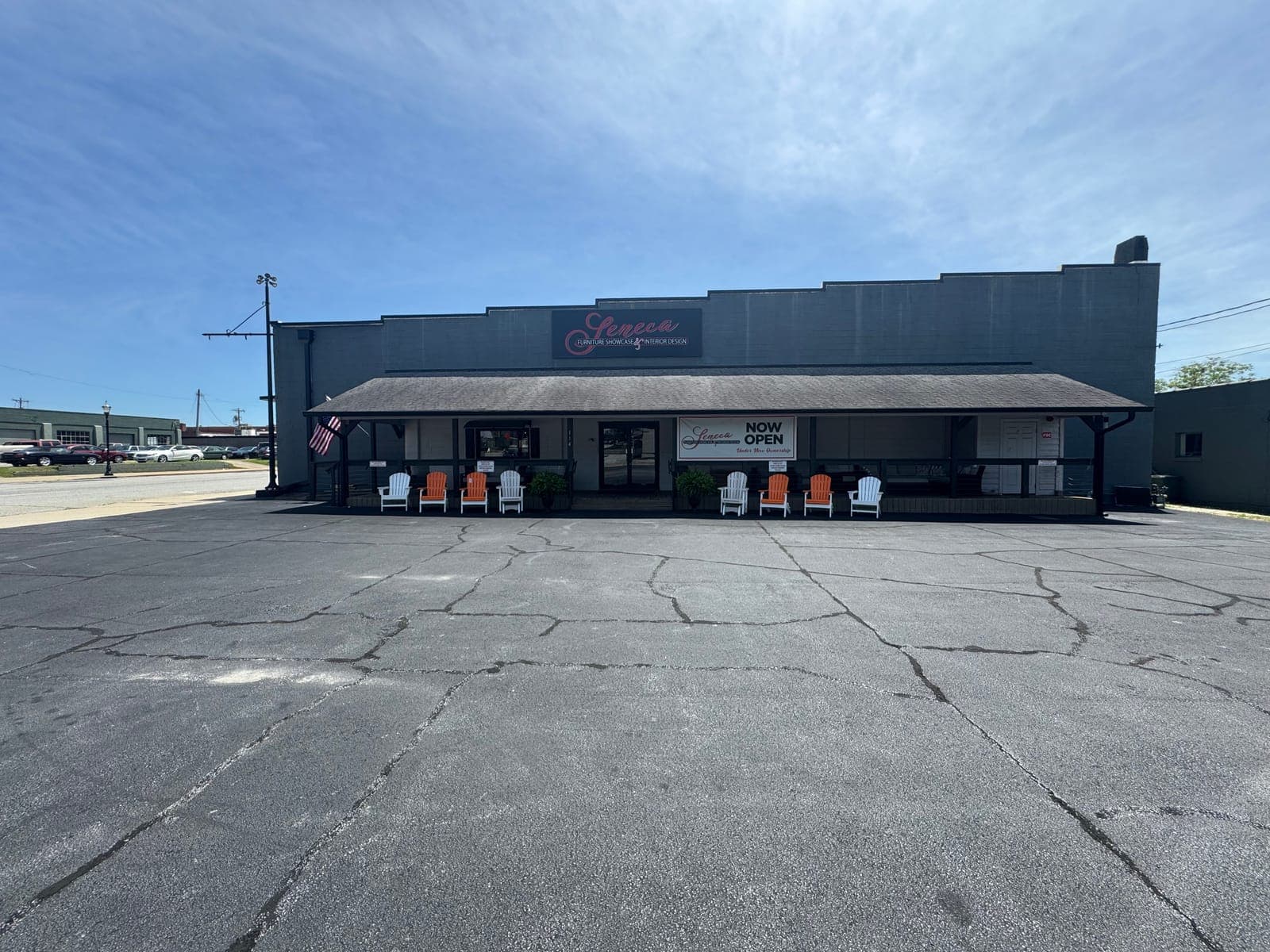 Storefront of Seneca Furniture Showcase & Interior Design at 114 N Fairplay St in downtown Seneca, SC